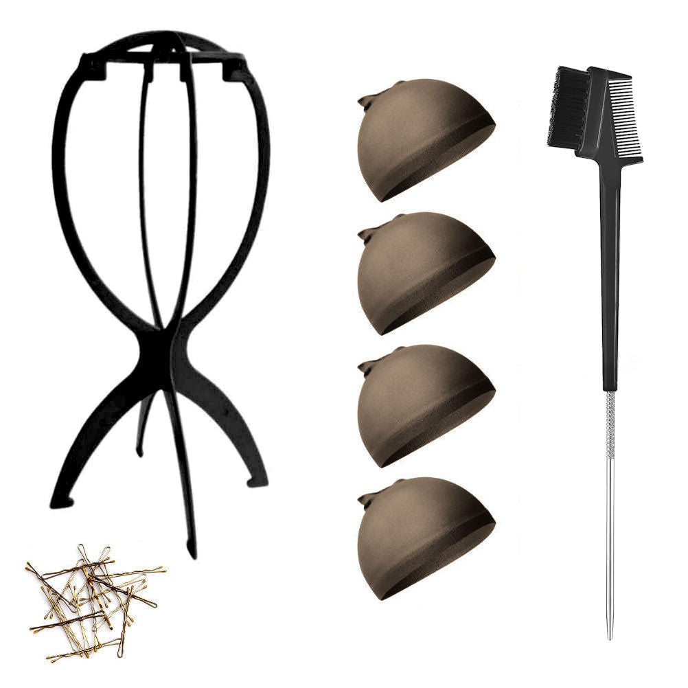 WK015 - 1-Wig Stand, 4-Wig Caps, Bobby Pins by Wig Aisle in color WK-DARK_BLK