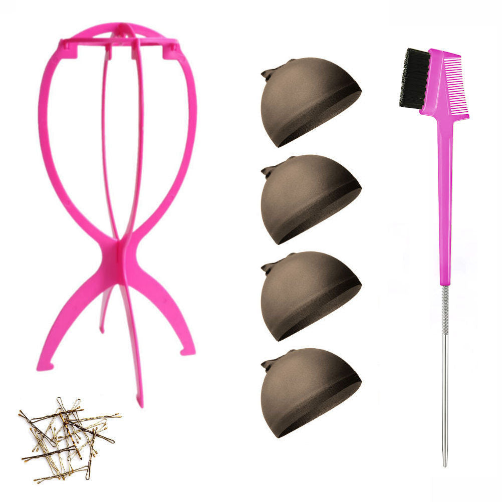 WK015 - 1-Wig Stand, 4-Wig Caps, Bobby Pins by Wig Aisle in color WK-DARK_PK