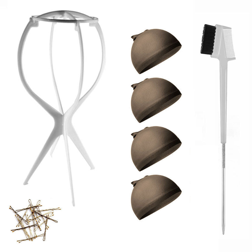 WK015 - 1-Wig Stand, 4-Wig Caps, Bobby Pins by Wig Aisle in color WK-DARK_WHT