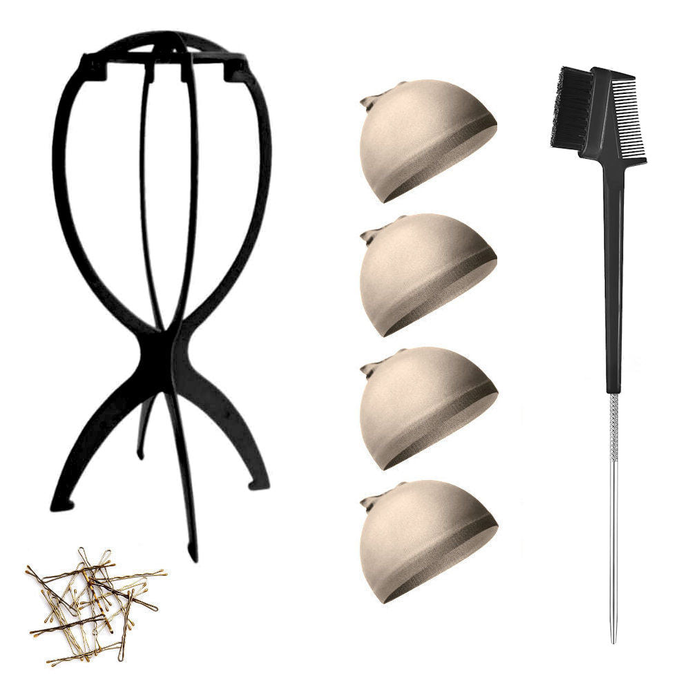 WK015 - 1-Wig Stand, 4-Wig Caps, Bobby Pins by Wig Aisle in color WK-LITE_BLK