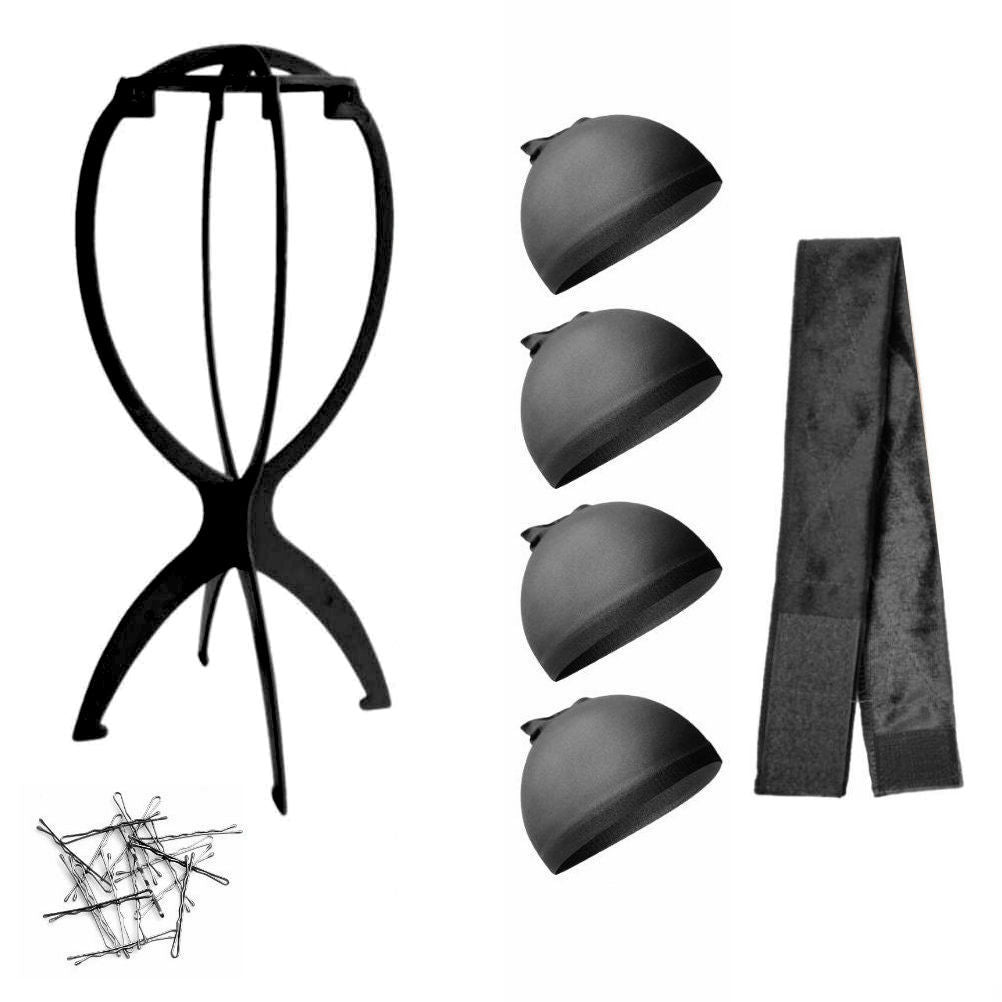 WK015 - 1-Wig Stand, 4-Wig Caps, Bobby Pins by Wig Aisle in color WK-BLACK_BLK