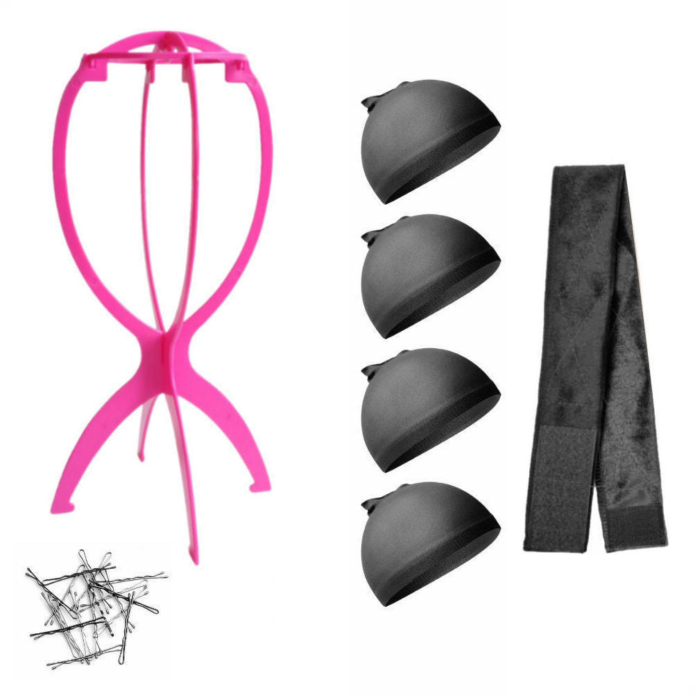 WK015 - 1-Wig Stand, 4-Wig Caps, Bobby Pins by Wig Aisle in color WK-BLACK_PK
