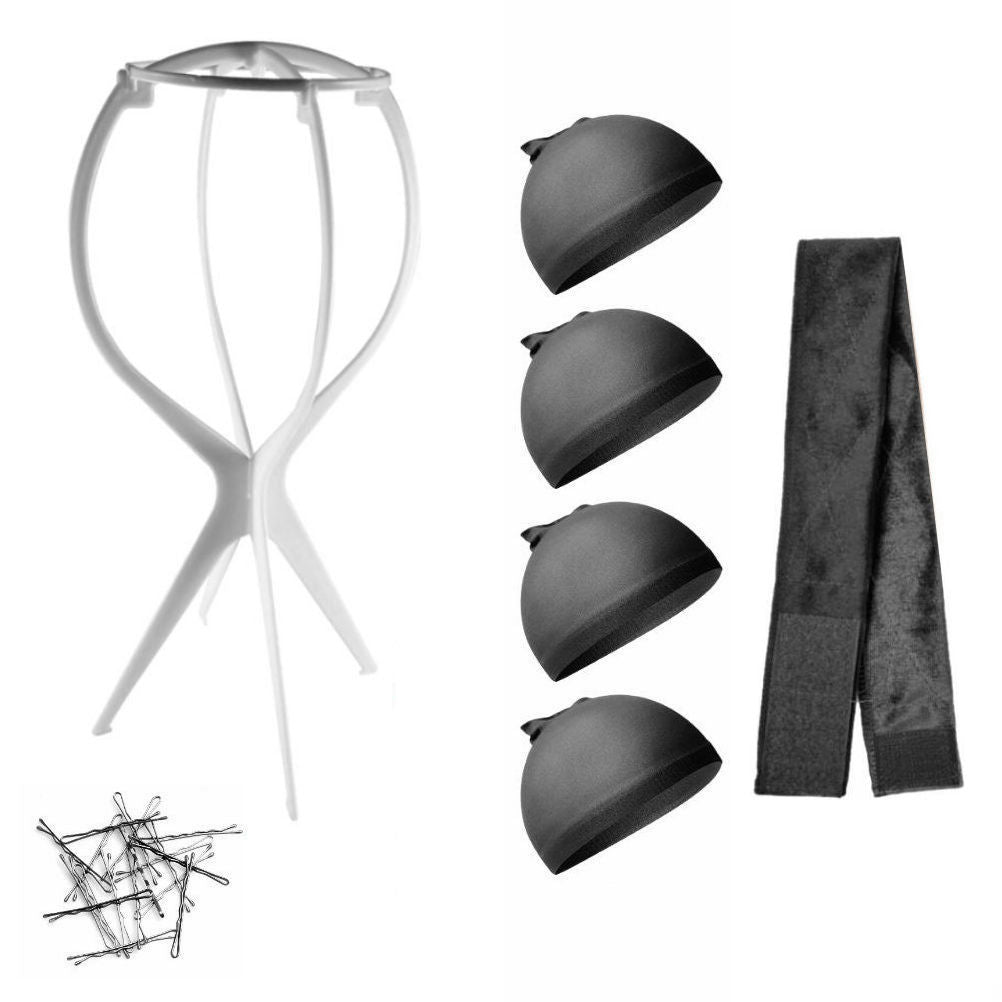 WK015 - 1-Wig Stand, 4-Wig Caps, Bobby Pins by Wig Aisle in color WK-BLACK_WHT