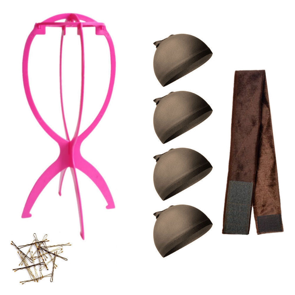 WK015 - 1-Wig Stand, 4-Wig Caps, Bobby Pins by Wig Aisle in color WK-DARK_PK