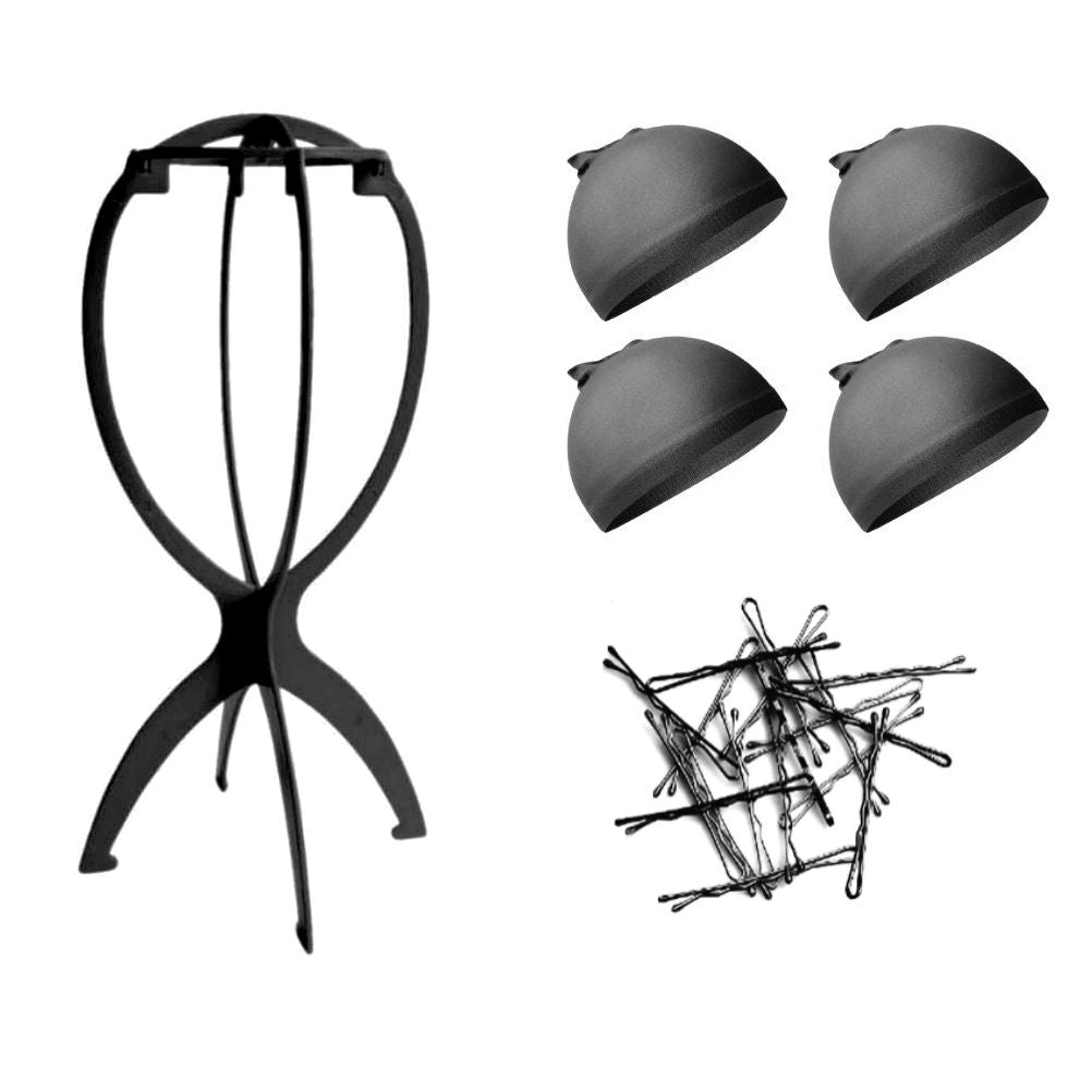 WK015 - 1-Wig Stand, 4-Wig Caps, Bobby Pins by Wig Aisle in color WK-BLACK_BLK