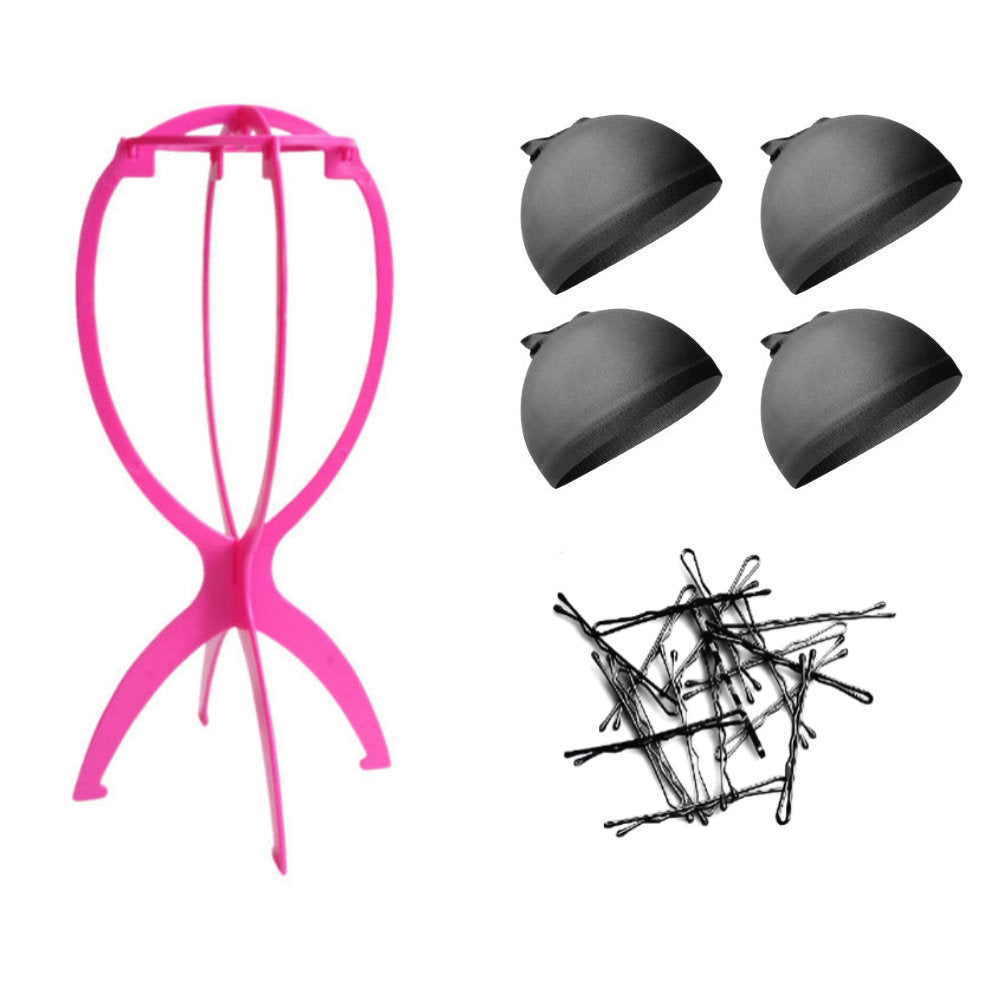 WK015 - 1-Wig Stand, 4-Wig Caps, Bobby Pins by Wig Aisle in color WK-BLACK_PK