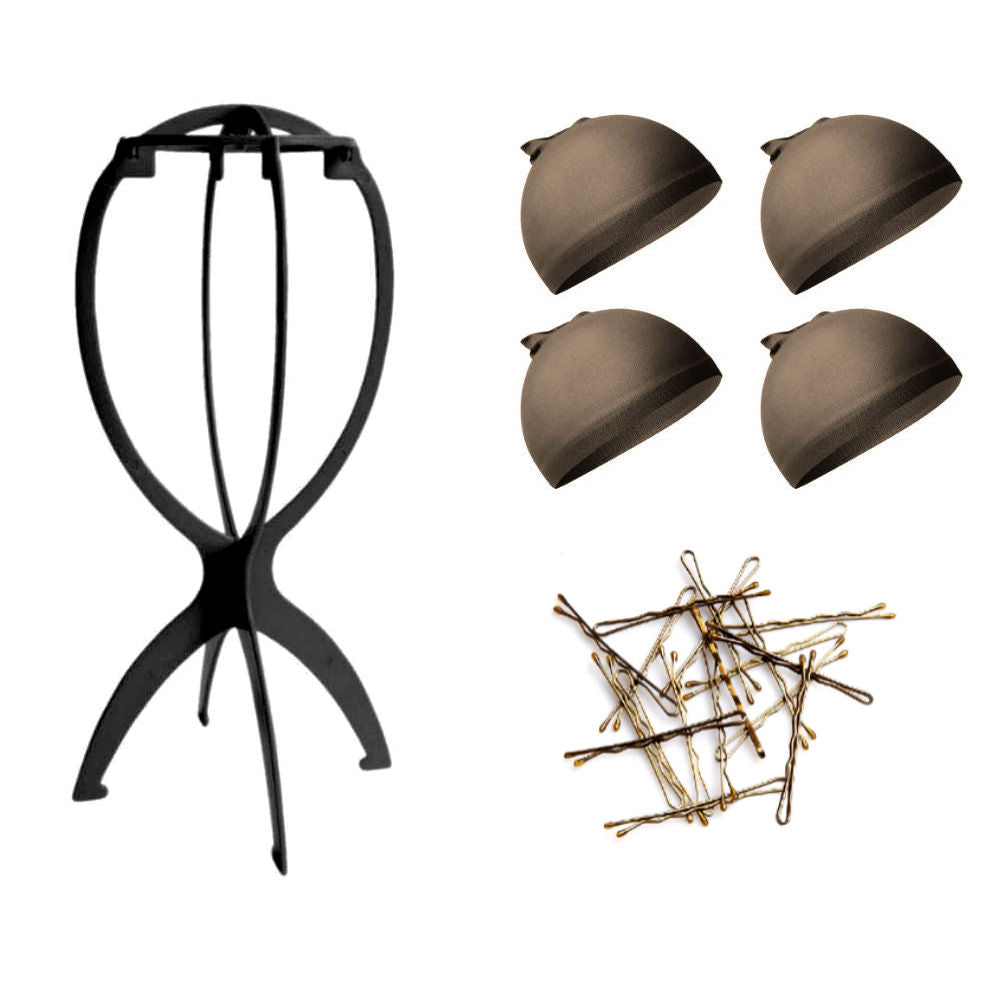 WK015 - 1-Wig Stand, 4-Wig Caps, Bobby Pins by Wig Aisle in color WK-DARK_BLK