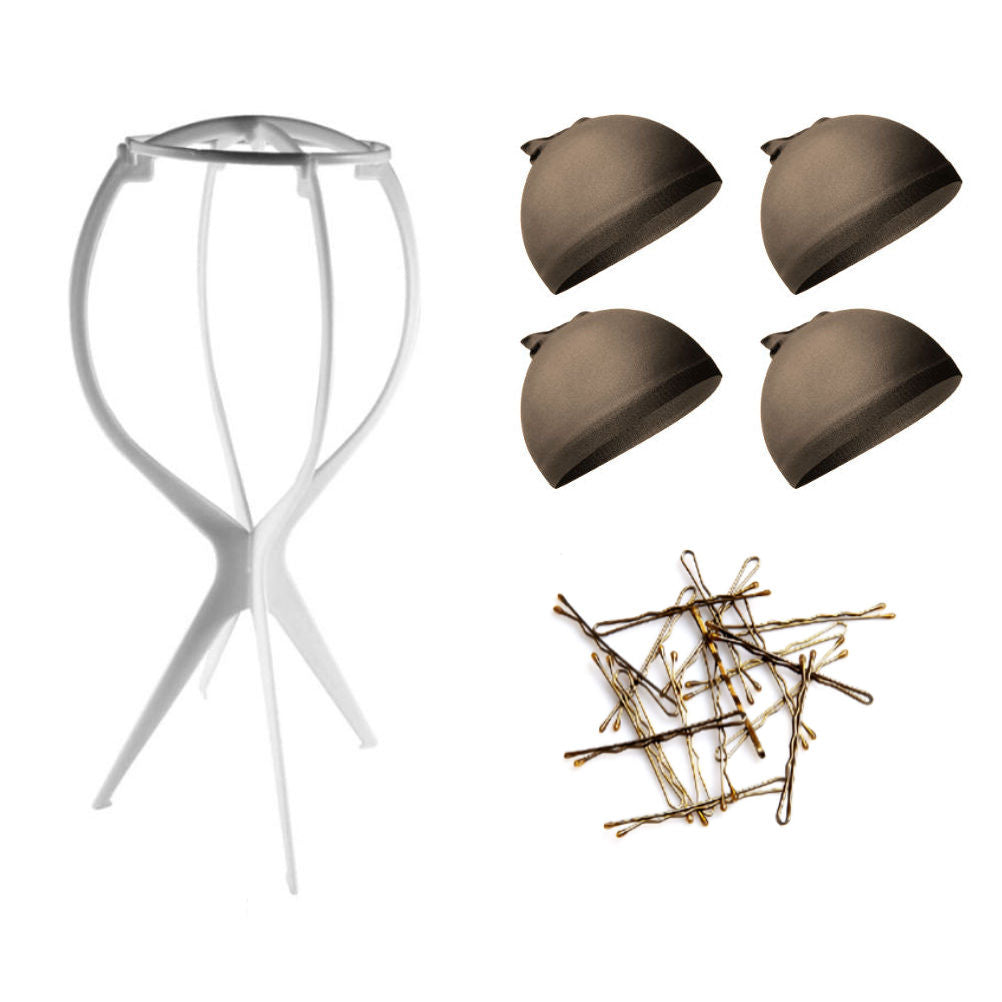 WK015 - 1-Wig Stand, 4-Wig Caps, Bobby Pins by Wig Aisle in color WK-DARK_WHT