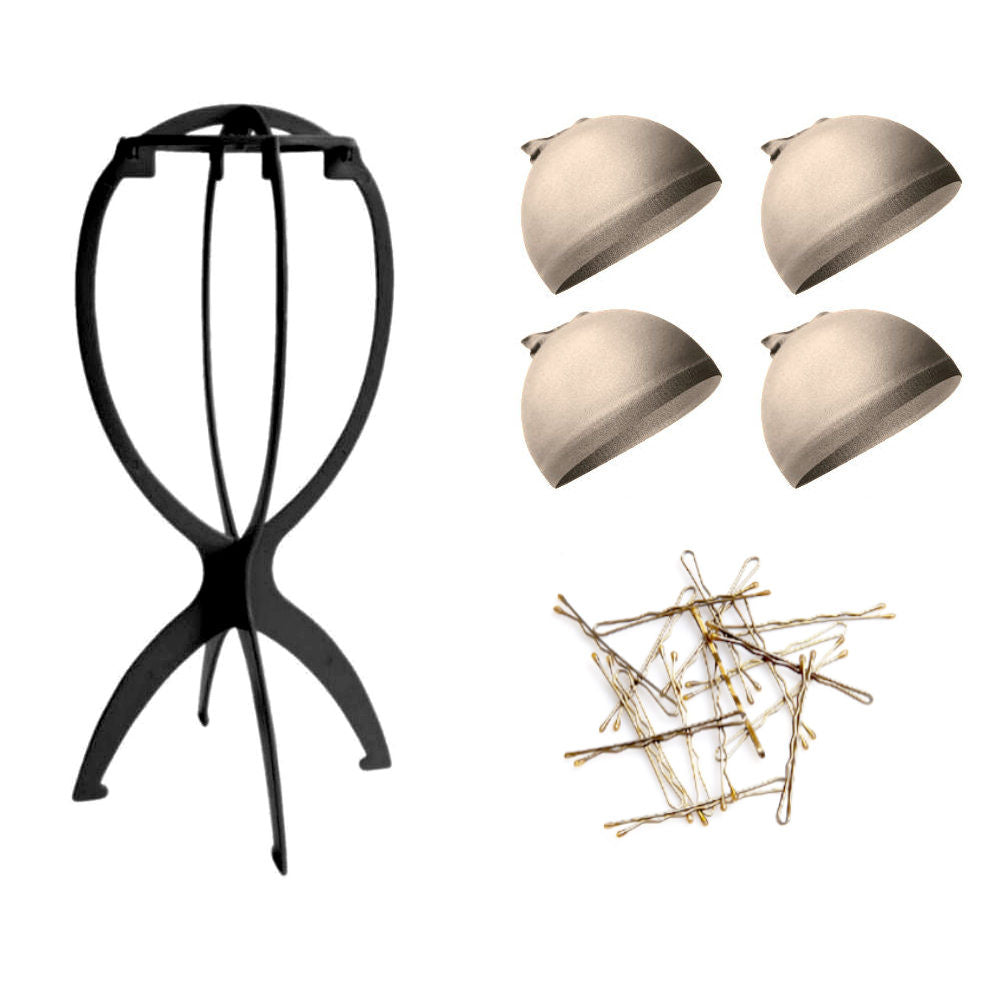 WK015 - 1-Wig Stand, 4-Wig Caps, Bobby Pins by Wig Aisle in color WK-LITE_BLK