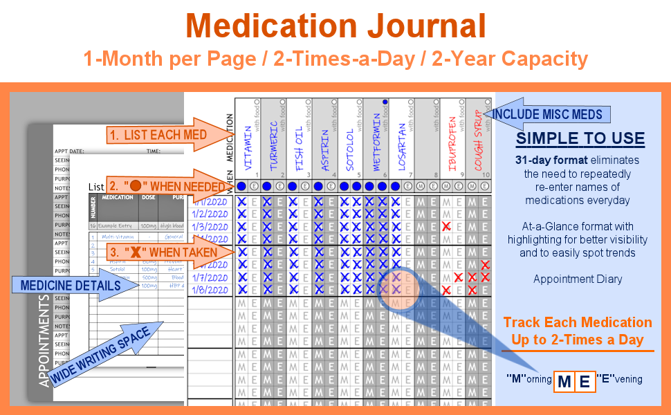 Medication Journal: 2-Times a Day, 31-Day Format Medicine Log Book - 2-Year Capacity