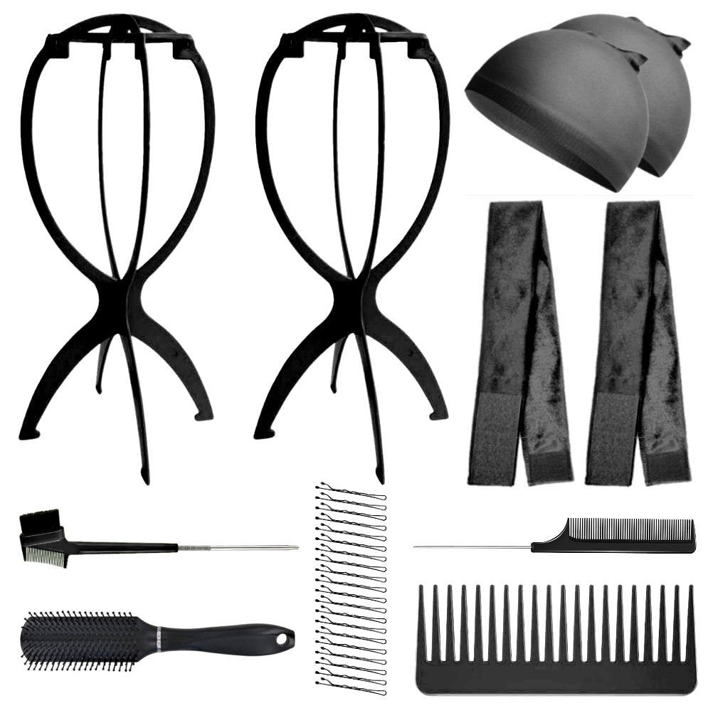 WK022 - 2-Wig Stands, 2-Wig Grip, 2-Wig Caps, 2-Combs, 2-Brushes by Wig Aisle in color WK-BLACK_BLK