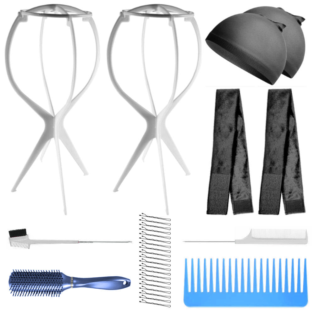 WK022 - 2-Wig Stands, 2-Wig Grip, 2-Wig Caps, 2-Combs, 2-Brushes by Wig Aisle in color WK-BLACK_WHT