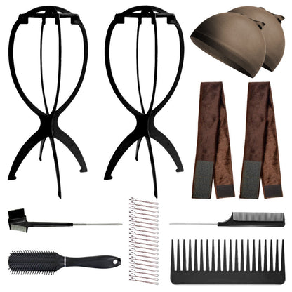 WK022 - 2-Wig Stands, 2-Wig Grip, 2-Wig Caps, 2-Combs, 2-Brushes by Wig Aisle in color WK-DARK_BLK