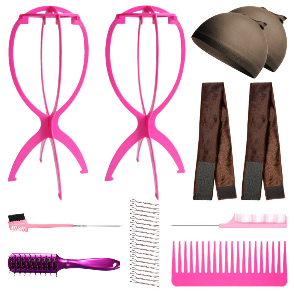 WK022 - 2-Wig Stands, 2-Wig Grip, 2-Wig Caps, 2-Combs, 2-Brushes by Wig Aisle in color WK-DARK_PK