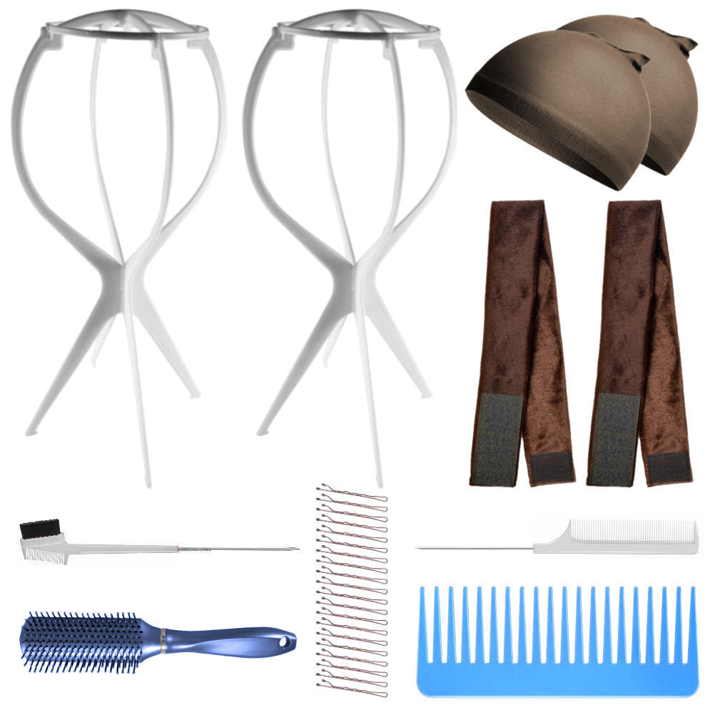 WK022 - 2-Wig Stands, 2-Wig Grip, 2-Wig Caps, 2-Combs, 2-Brushes by Wig Aisle in color WK-DARK_WHT