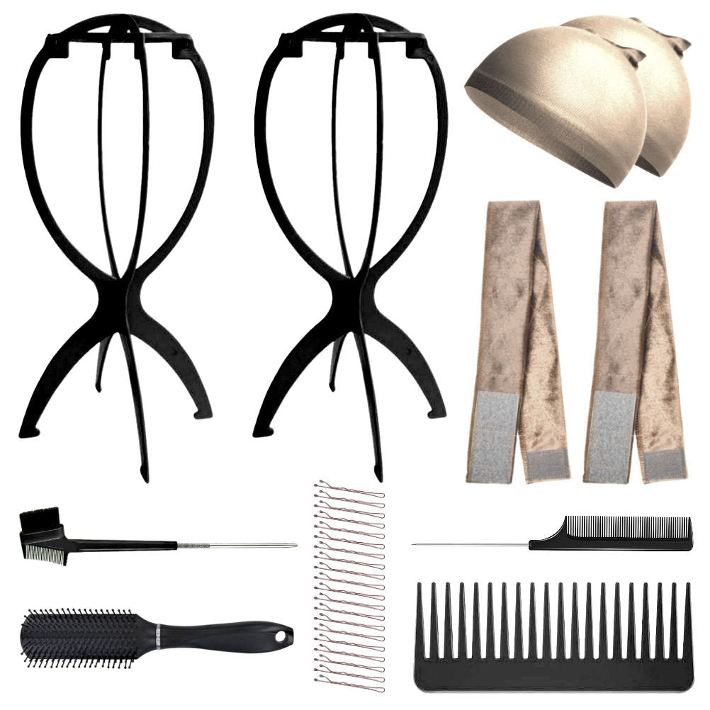 WK022 - 2-Wig Stands, 2-Wig Grip, 2-Wig Caps, 2-Combs, 2-Brushes by Wig Aisle in color WK-LITE_BLK