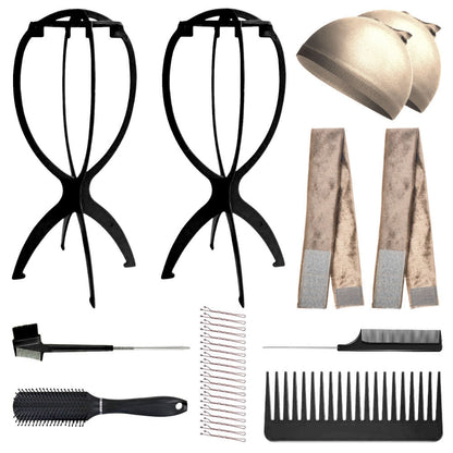 WK022 - 2-Wig Stands, 2-Wig Grip, 2-Wig Caps, 2-Combs, 2-Brushes by Wig Aisle in color WK-LITE_BLK
