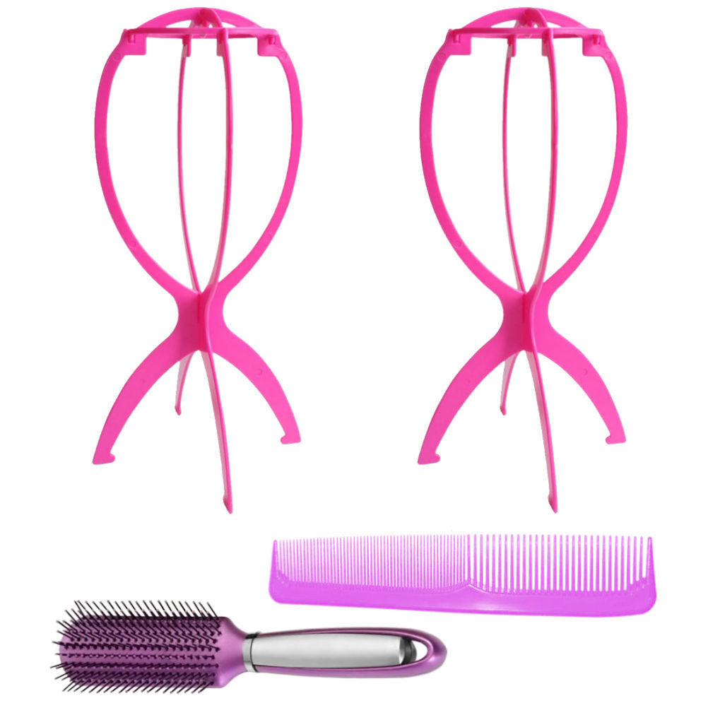 WK042 - 2 Wig Stands, 1 Comb, 1 Brush by Wig Aisle in color AC-PINK