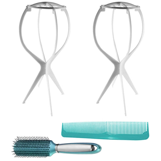 WK042 - 2 Wig Stands, 1 Comb, 1 Brush by Wig Aisle in color AC-WHITE