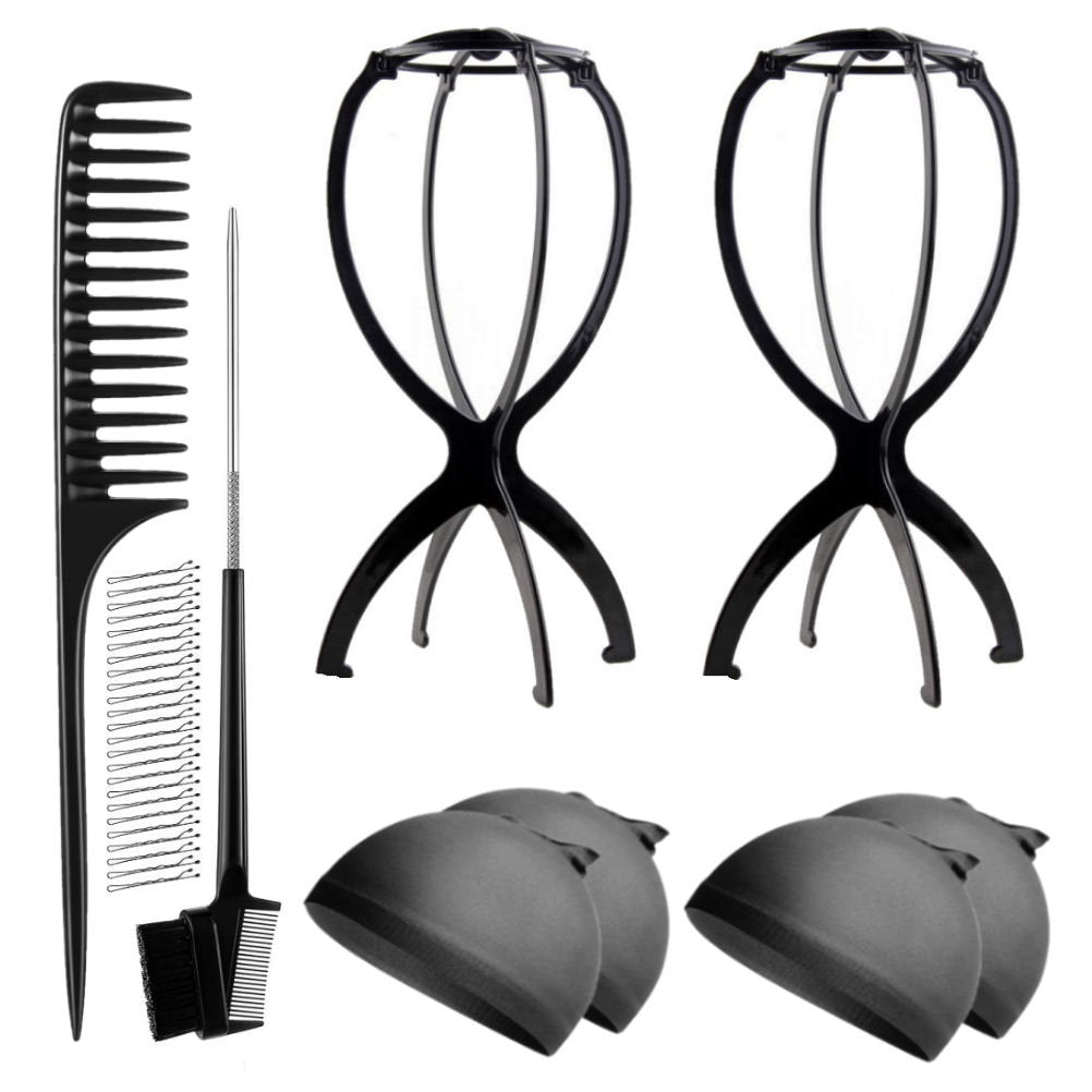 WK045 - 2 Wig Stands, 4 Wig Caps, 1 Comb, 1 Edge Brush by Wig Aisle in color WK-BLACK_BLK