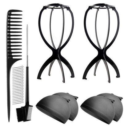 WK045 - 2 Wig Stands, 4 Wig Caps, 1 Comb, 1 Edge Brush by Wig Aisle in color WK-BLACK_BLK