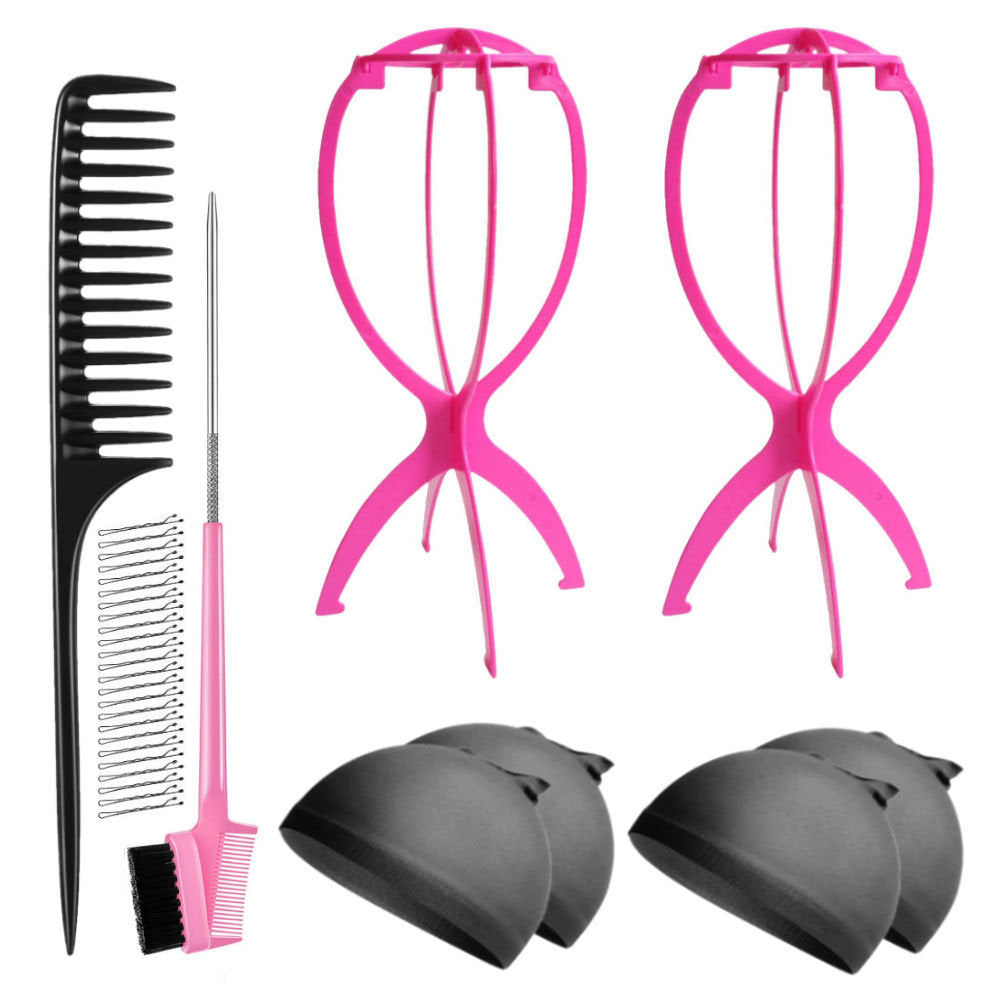 WK045 - 2 Wig Stands, 4 Wig Caps, 1 Comb, 1 Edge Brush by Wig Aisle in color WK-BLACK_PK