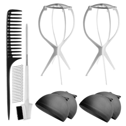 WK045 - 2 Wig Stands, 4 Wig Caps, 1 Comb, 1 Edge Brush by Wig Aisle in color WK-BLACK_WHT