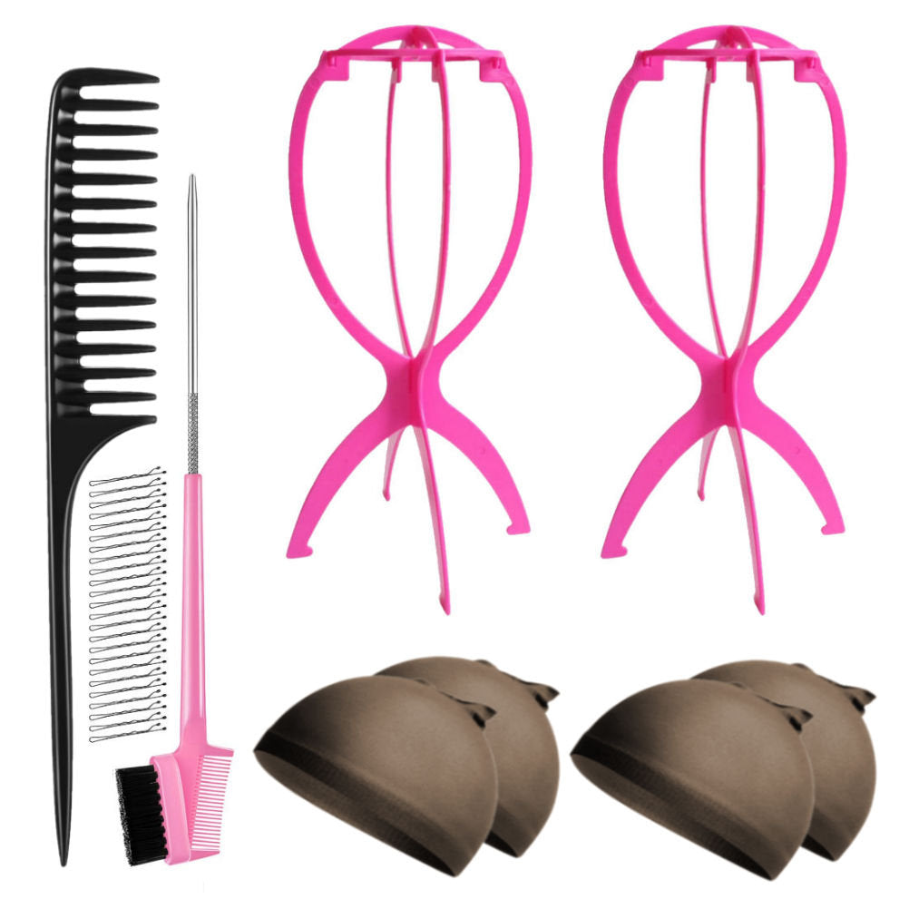 WK045 - 2 Wig Stands, 4 Wig Caps, 1 Comb, 1 Edge Brush by Wig Aisle in color WK-DARK_PK
