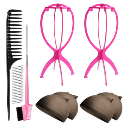 WK045 - 2 Wig Stands, 4 Wig Caps, 1 Comb, 1 Edge Brush by Wig Aisle in color WK-DARK_PK