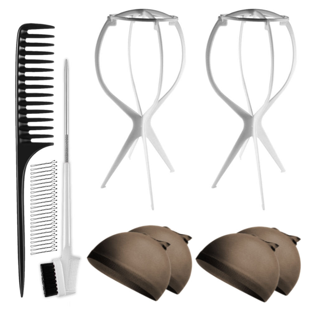 WK045 - 2 Wig Stands, 4 Wig Caps, 1 Comb, 1 Edge Brush by Wig Aisle in color WK-DARK_WHT