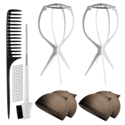 WK045 - 2 Wig Stands, 4 Wig Caps, 1 Comb, 1 Edge Brush by Wig Aisle in color WK-DARK_WHT