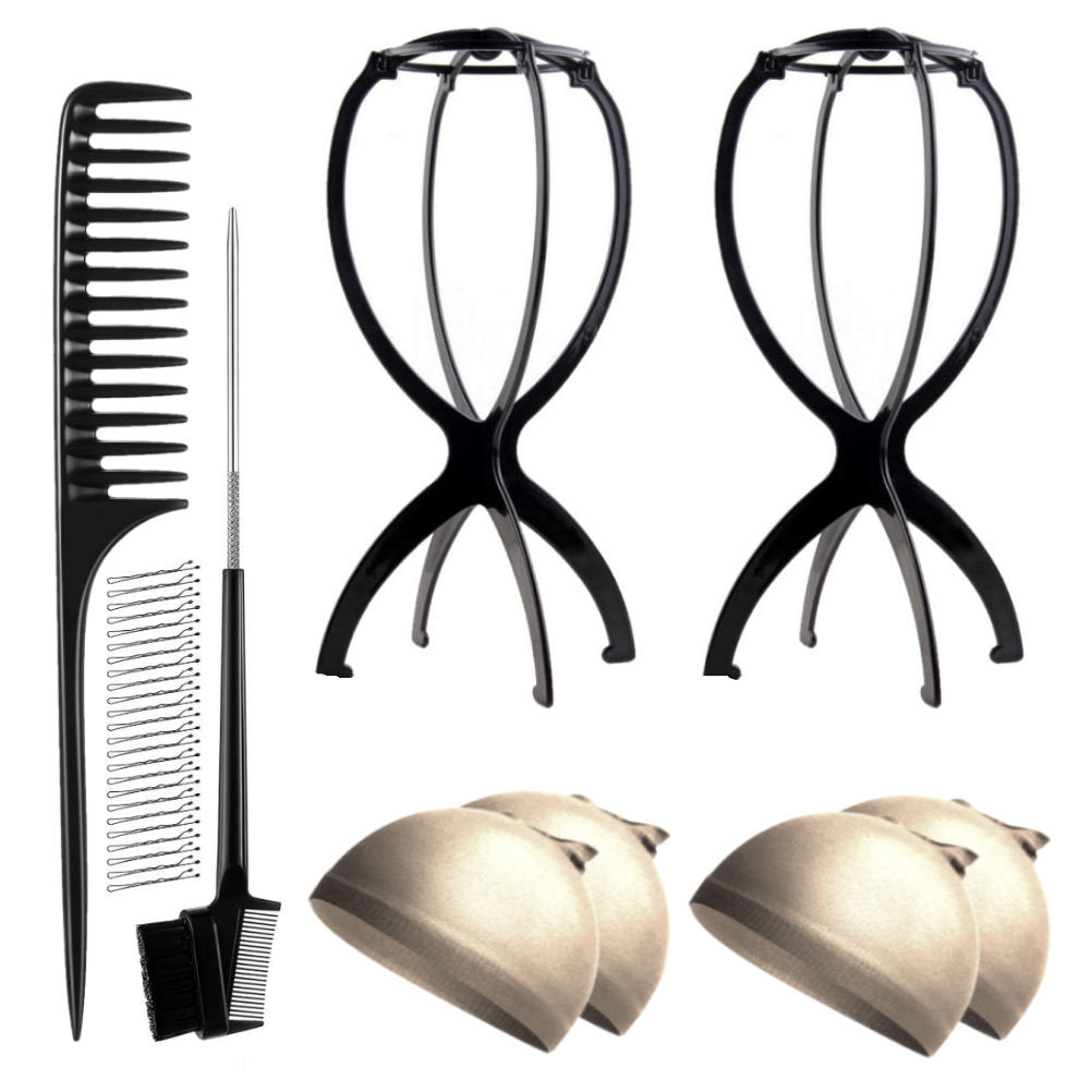 WK045 - 2 Wig Stands, 4 Wig Caps, 1 Comb, 1 Edge Brush by Wig Aisle in color WK-LITE_BLK