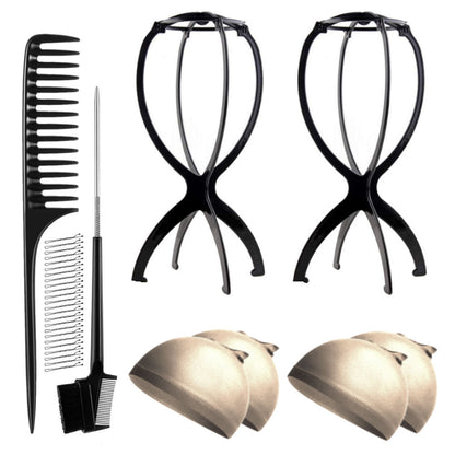 WK045 - 2 Wig Stands, 4 Wig Caps, 1 Comb, 1 Edge Brush by Wig Aisle in color WK-LITE_BLK