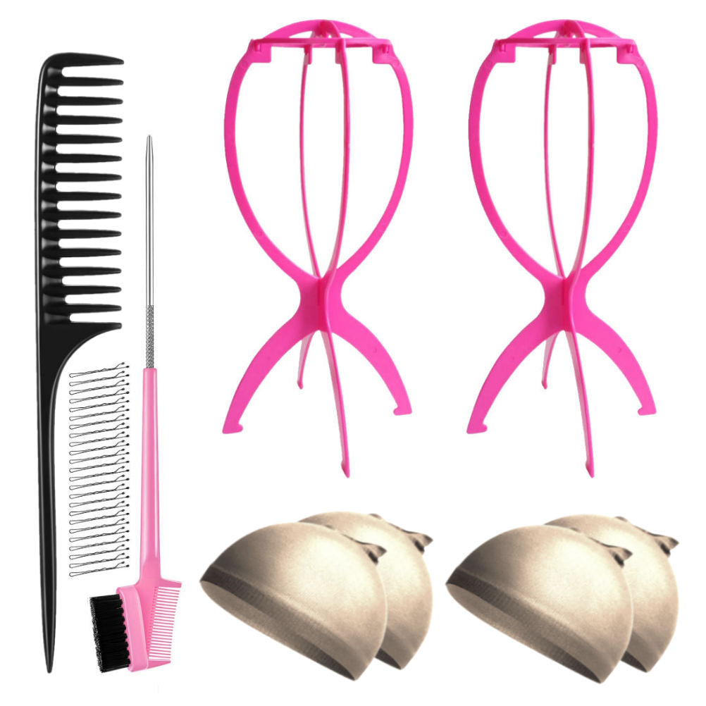 WK045 - 2 Wig Stands, 4 Wig Caps, 1 Comb, 1 Edge Brush by Wig Aisle in color WK-LITE_PK