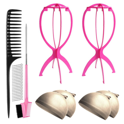 WK045 - 2 Wig Stands, 4 Wig Caps, 1 Comb, 1 Edge Brush by Wig Aisle in color WK-LITE_PK