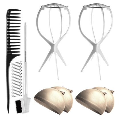 WK045 - 2 Wig Stands, 4 Wig Caps, 1 Comb, 1 Edge Brush by Wig Aisle in color WK-LITE_WHT