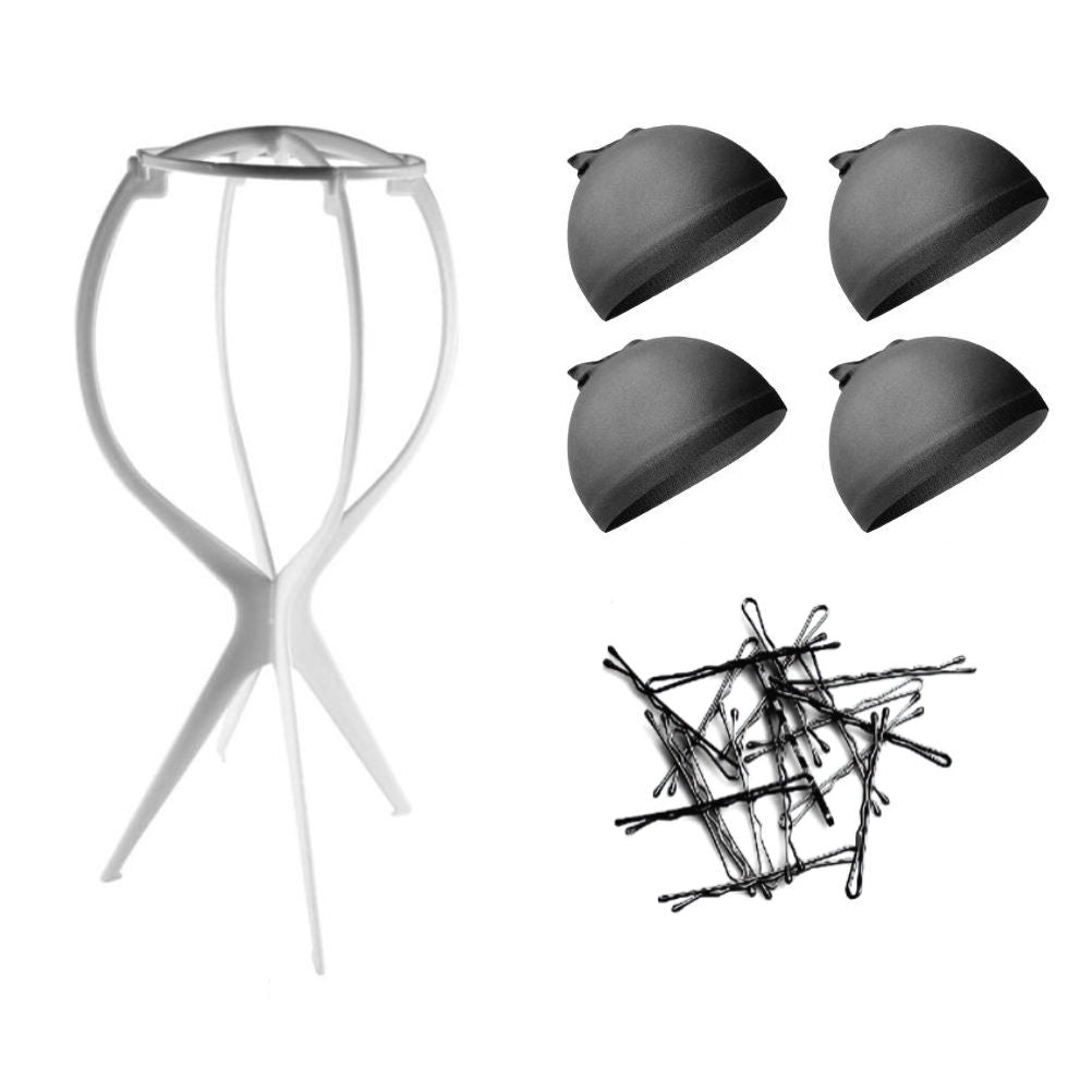 WK015 - 1-Wig Stand, 4-Wig Caps, Bobby Pins by Wig Aisle in color WK-BLACK_WHT